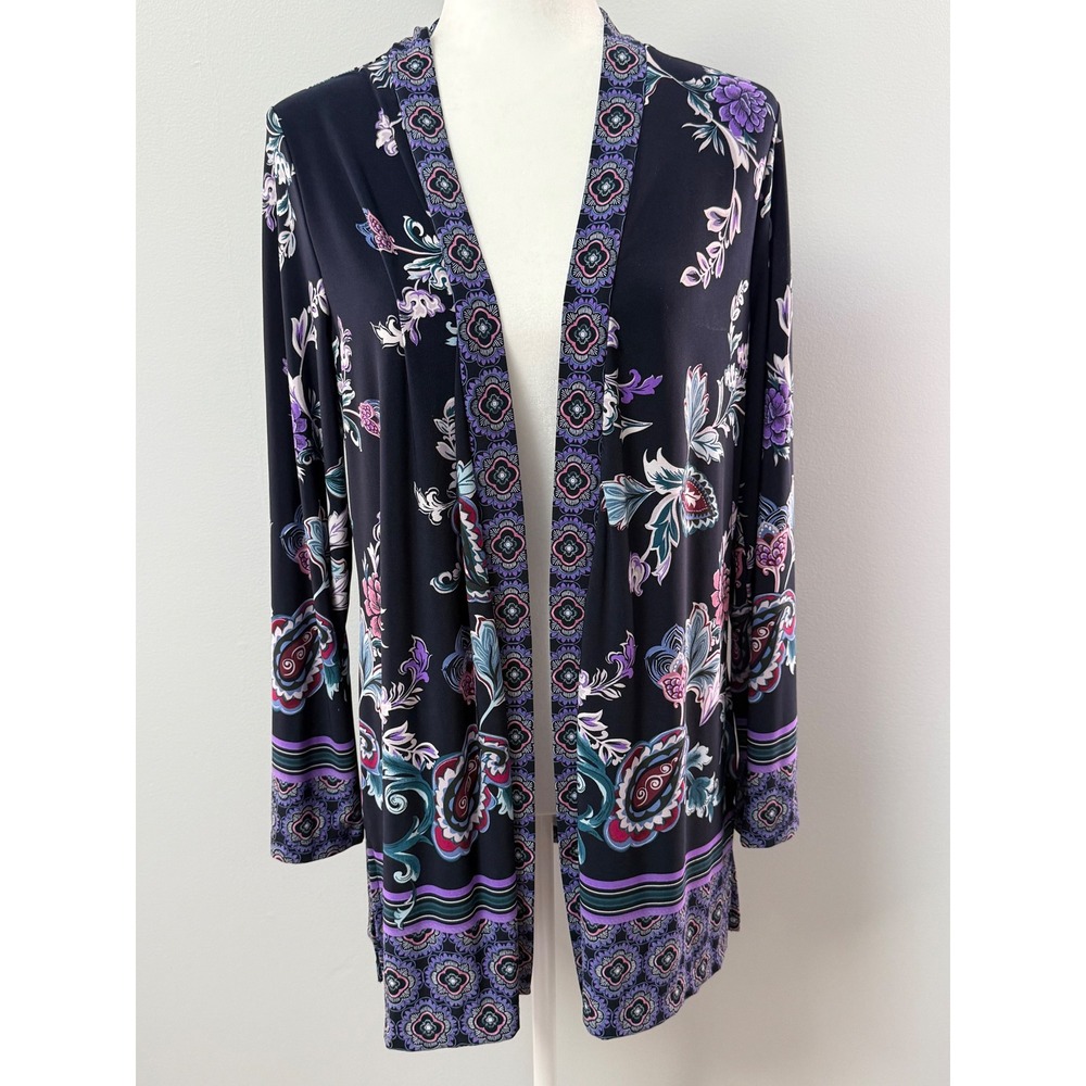 Susan Graver Liquid Knit Open Front Cardigan Multi Floral Paisley‎ Petite Large